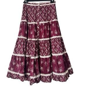 Gunne Sax Vintage 1970s Red White Blue Floral Boho Midi Skirt Lace Trim S